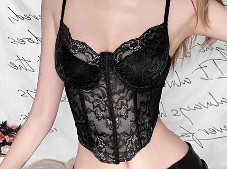 Sheer black rose lace bustier with underwire cups and boning