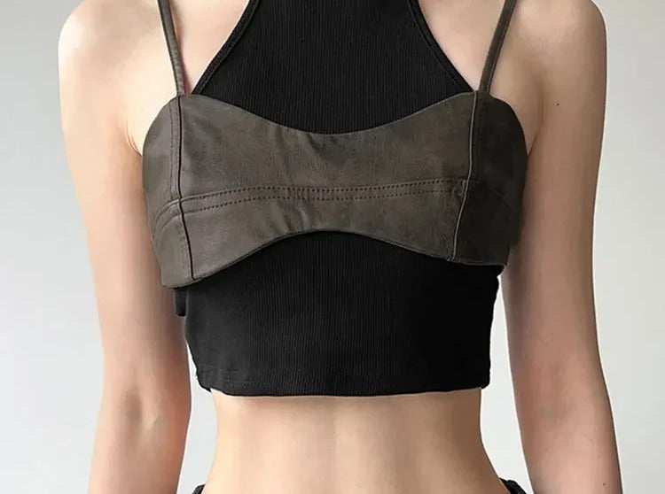Black ribbed crop tank with grey brown suede effect bandeau layer