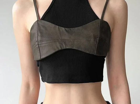 Black ribbed crop tank with grey brown suede effect bandeau layer