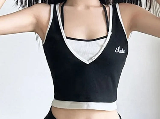 Black crop tank with white contrast binding and script lettering