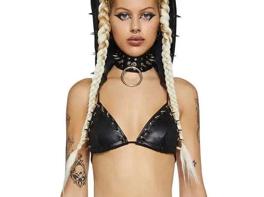 Black faux leather studded triangle bralette with lace up cups