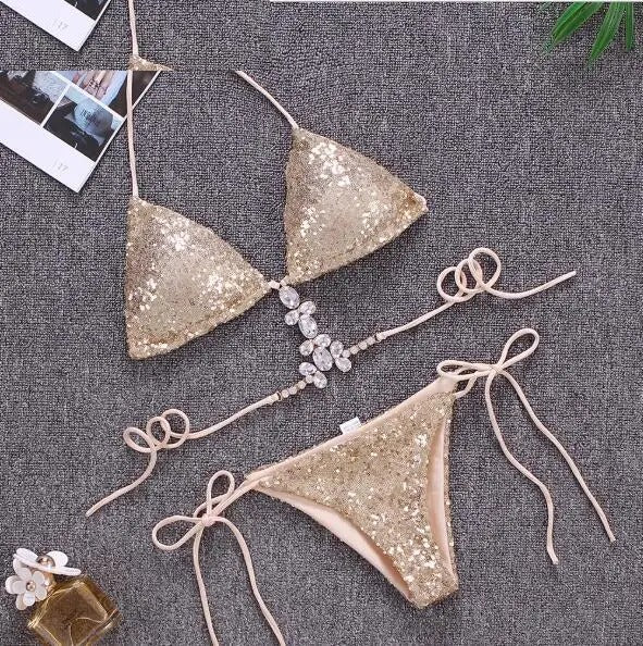 High Roller Sequin Rhinestone Bikini Set