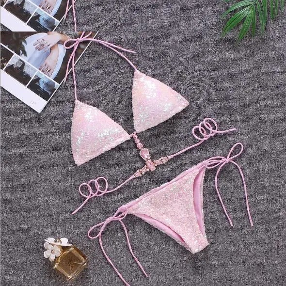 High Roller Sequin Rhinestone Bikini Set