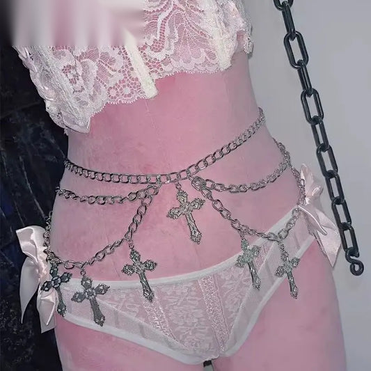 Altar Silver layered cross chain belt worn on the hips