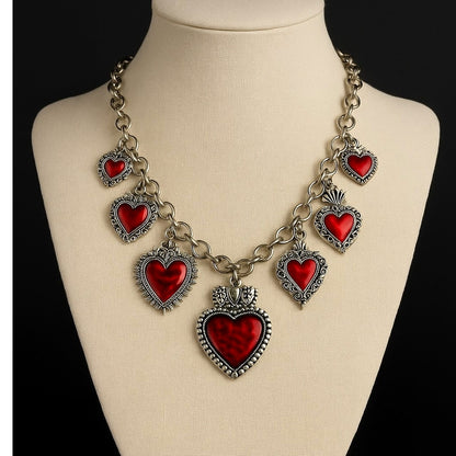 New Red Corazon Sagrado Sacred Heart Charm Necklace Chunky Religious Spanish