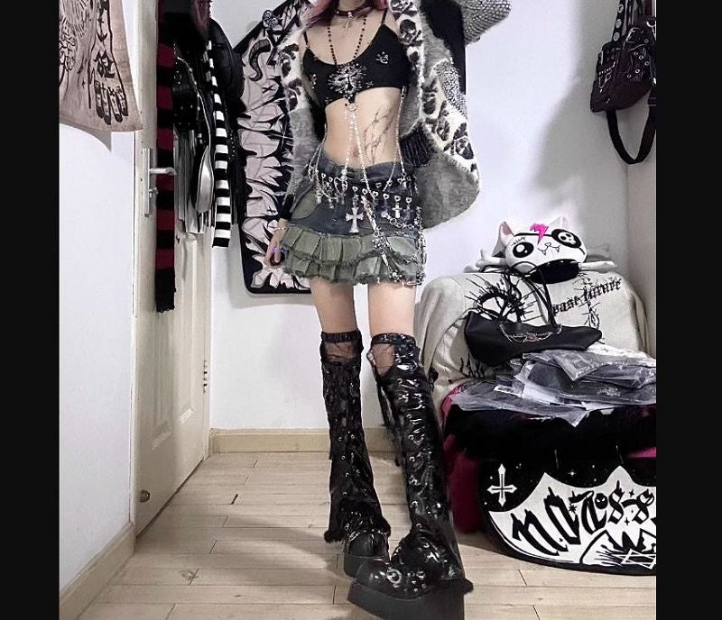 Full outfit shot with the studded cami and harness