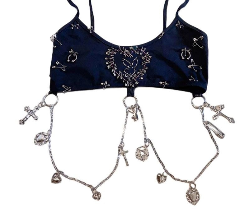 Midnight Navy studded cami with charm chain harness
