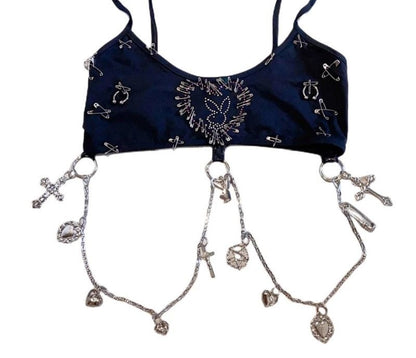Midnight Navy studded cami with charm chain harness