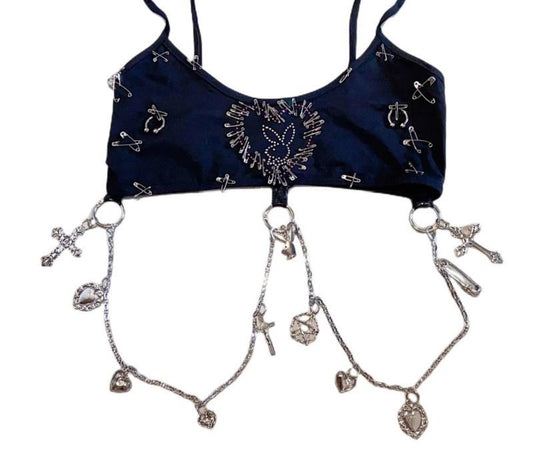 Midnight Navy studded cami with charm chain harness