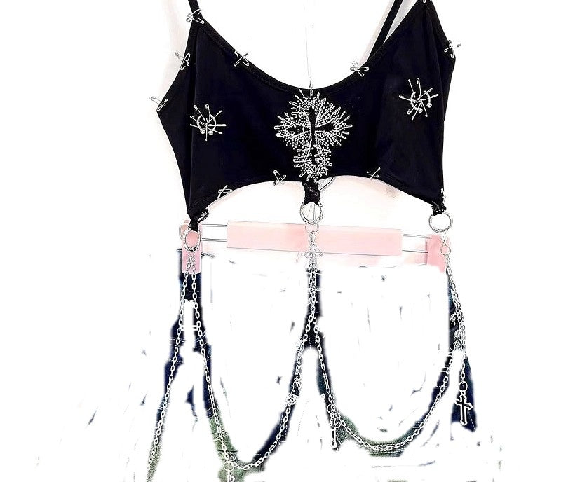 Bleached Grey studded cami with charm chain harness