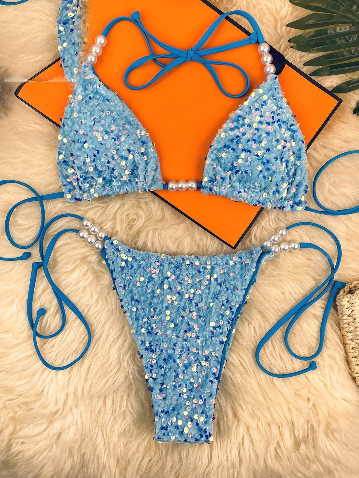 Sequin pearl string bikini in blue