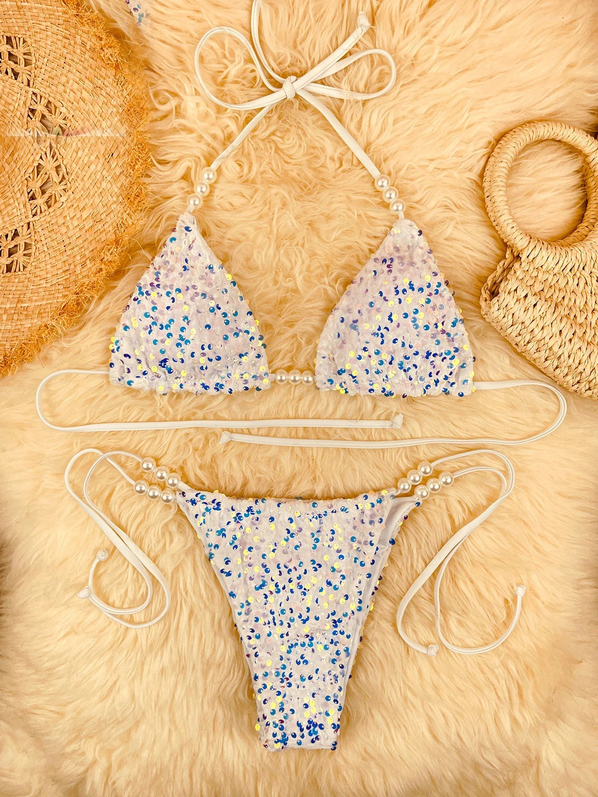 Sequin pearl string bikini in pearl ivory