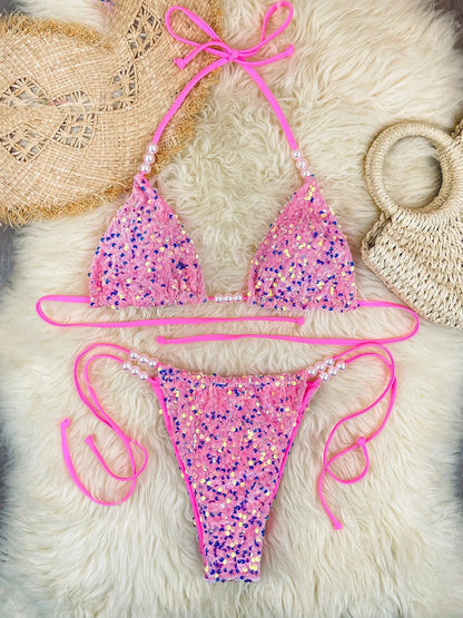 Sequin pearl string bikini in pink