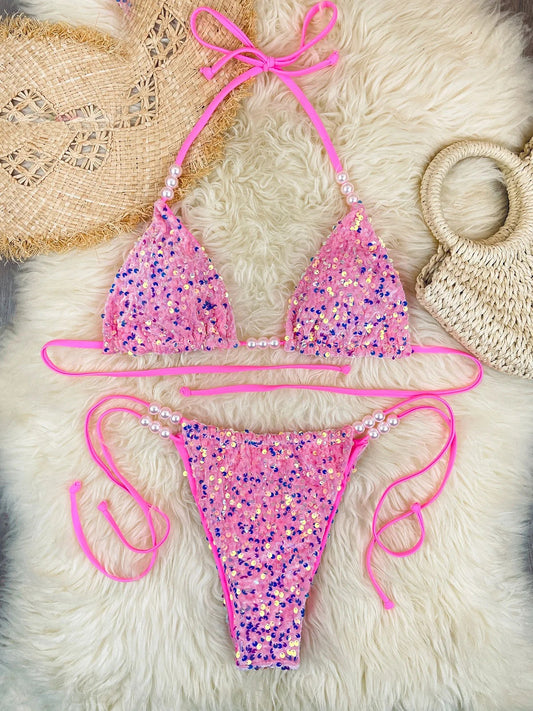 Sequin pearl string bikini in pink