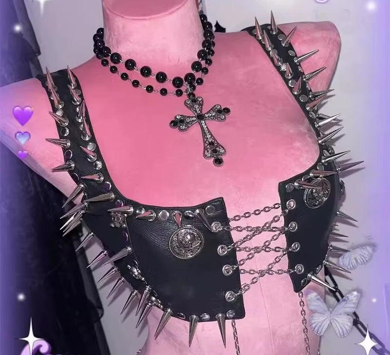 Black spiked chain harness crop top front view