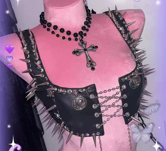 Black spiked chain harness crop top front view