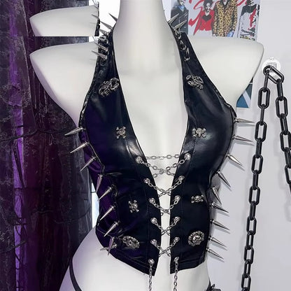 Spiked vegan leather halter corset top with chain drape