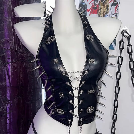 Spiked vegan leather halter corset top with chain drape