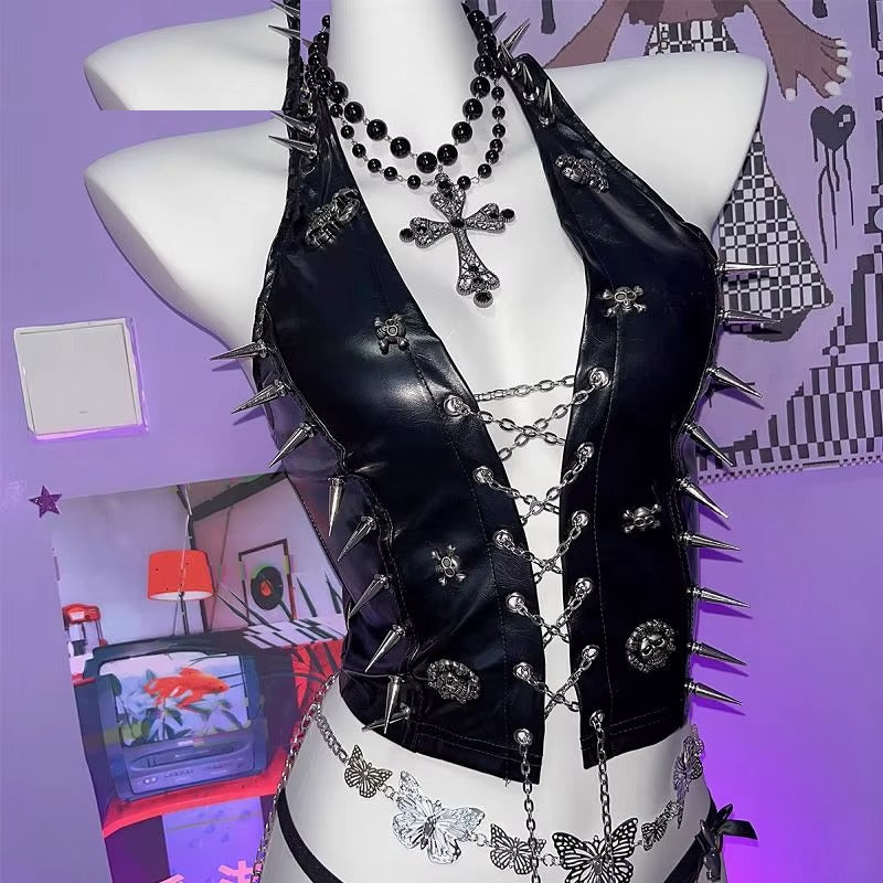 Front view of the lace-up spiked halter corset top