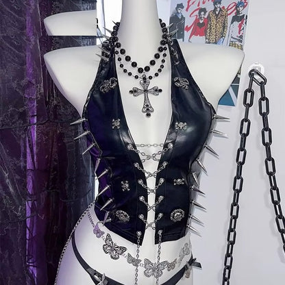 Detail of the rivets, cross charms and spike trim