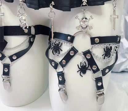 Thigh garter with spider charms, O-ring and silver chain drape, worn