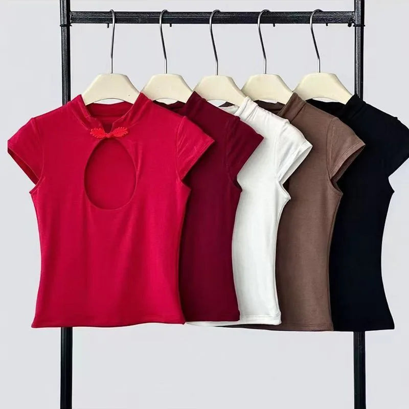 Mandarin collar keyhole crop top colorway lineup on a rail