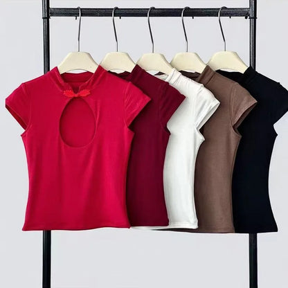 Mandarin collar keyhole crop top colorway lineup on a rail