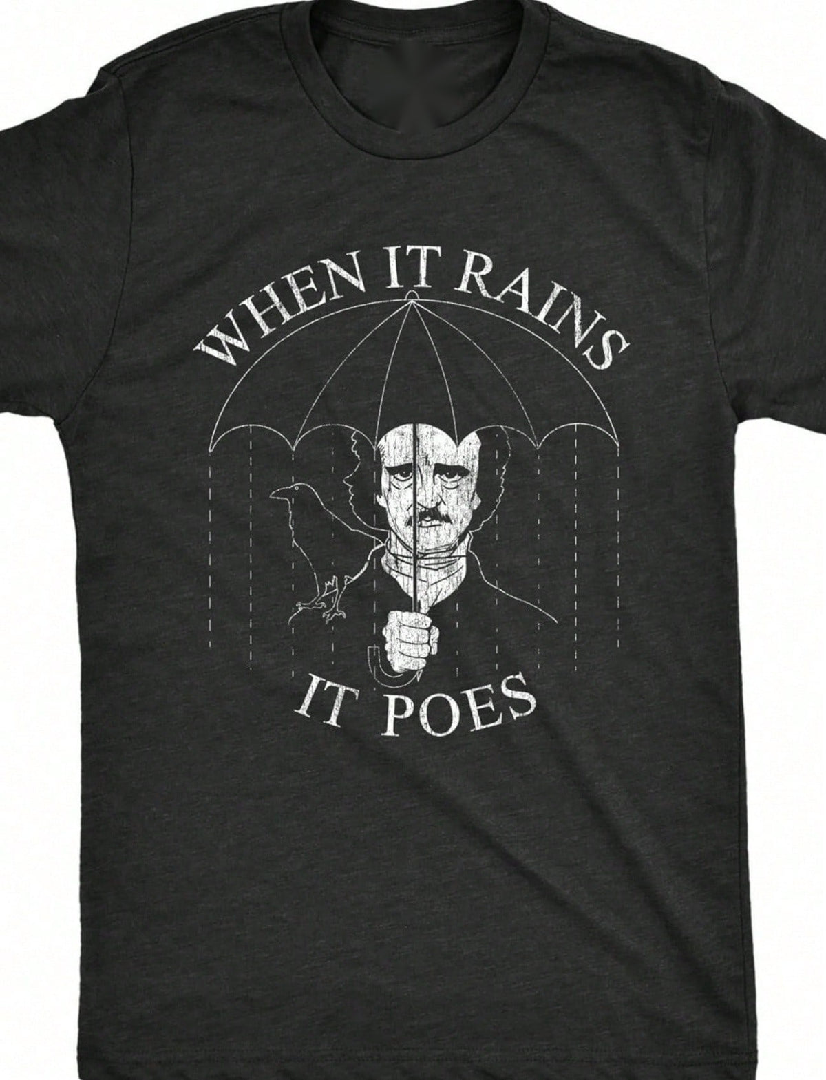 Charcoal graphic tee with rain umbrella and raven illustration