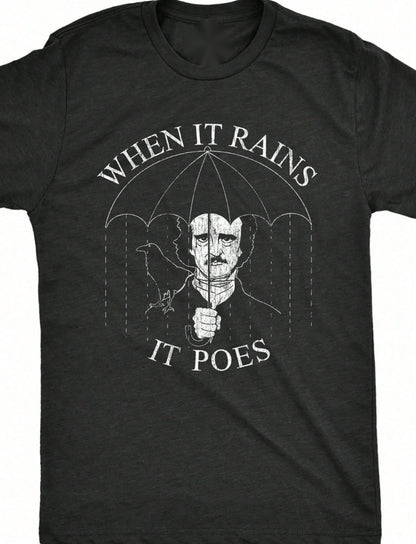 Charcoal graphic tee with rain umbrella and raven illustration