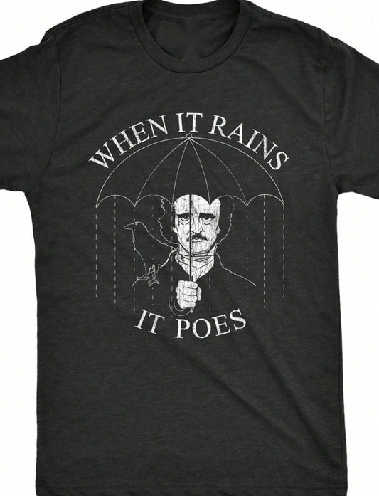 Charcoal graphic tee with rain umbrella and raven illustration