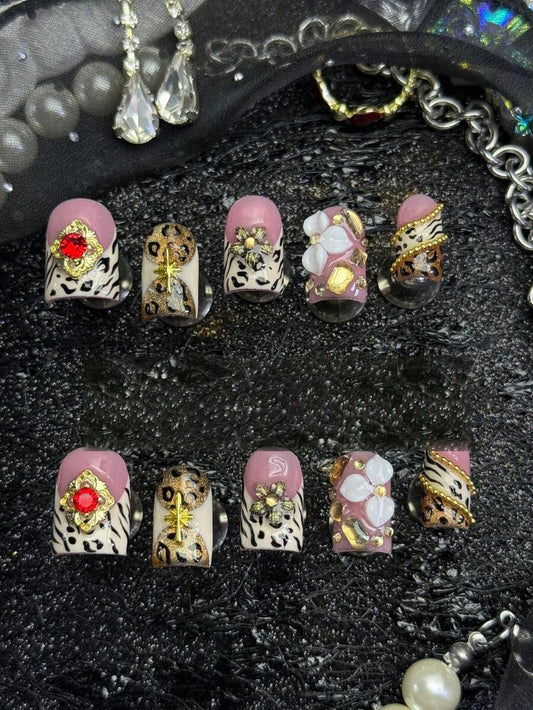 Champagne Safari short square press-on nail set, full ten-piece set on black lace