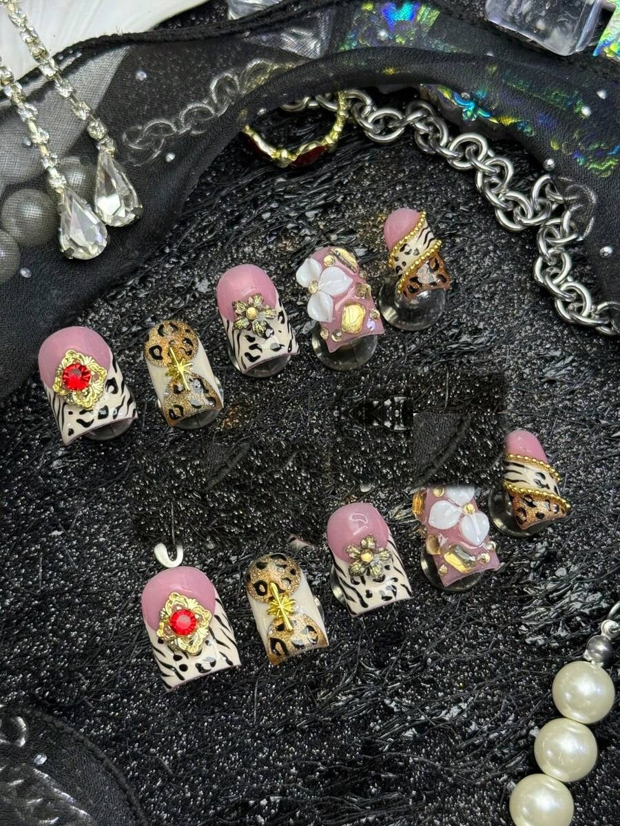 Champagne Safari press-on nails, angled view of the animal print tips
