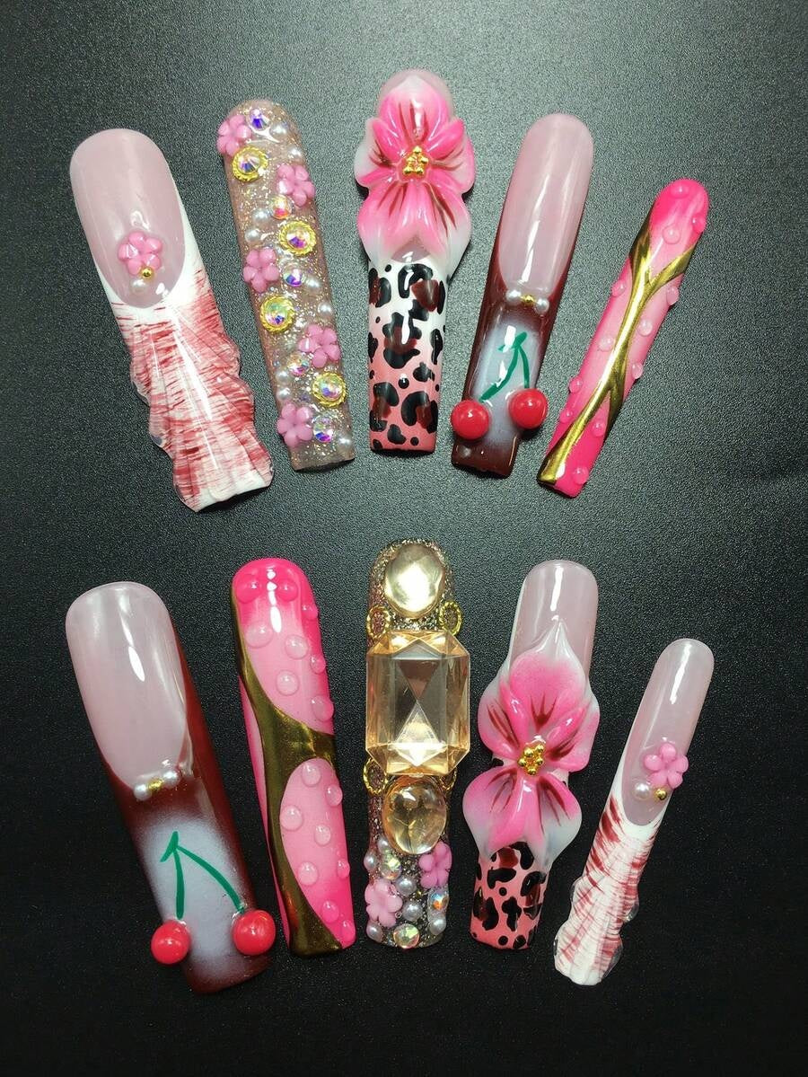 Extra long coffin press-on nails with oxblood French tips, pink leopard, 3D lilies and red cherries