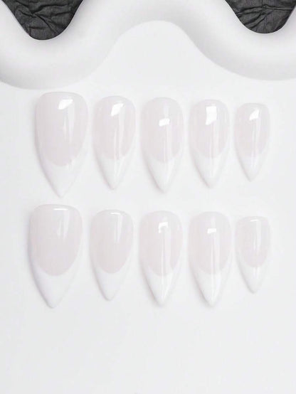 Almond press-on nails in glossy milky pink with white French tips
