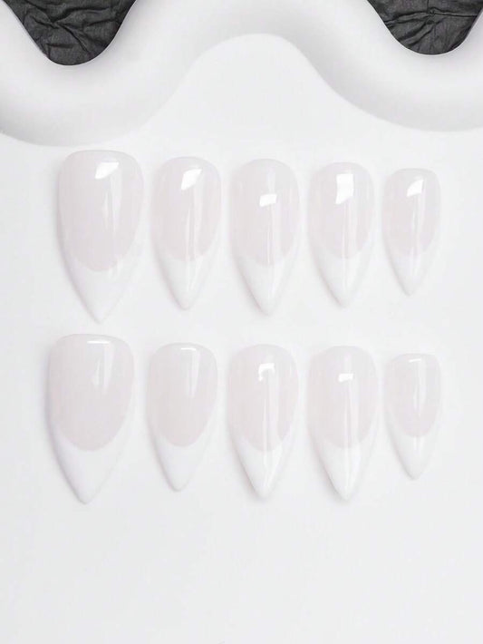 Almond press-on nails in glossy milky pink with white French tips