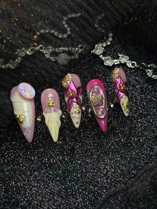 Hot pink chrome petal and cream French long stiletto press-on nails with pearls and gold stars