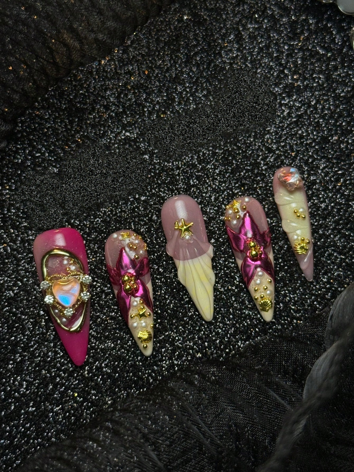 Pink chrome petal stiletto press-on nails, full set