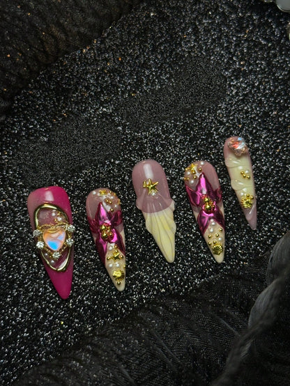 Pink chrome petal stiletto press-on nails, full set