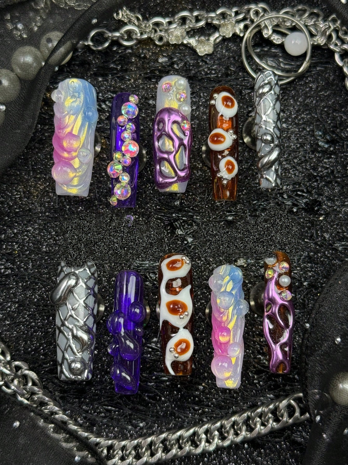 Opal Reef long square press-on nails, full set of ten