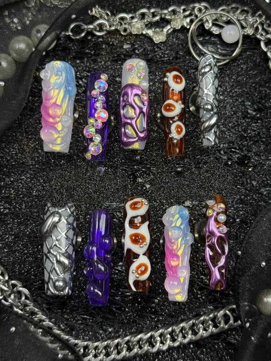 Opal Reef long square press-on nails, full set of ten