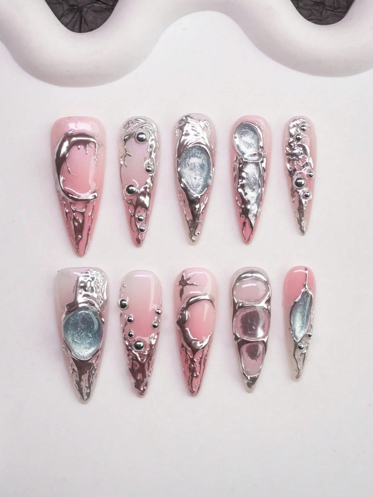 Chrome Rose long stiletto press-on nails, full set of ten