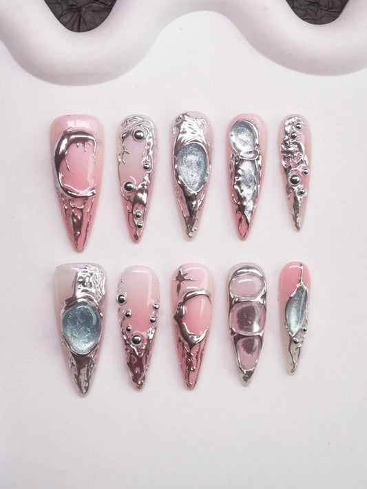 Chrome Rose long stiletto press-on nails, full set of ten