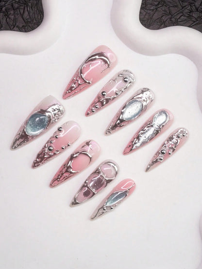 Chrome Rose press-on nails in blush pink and liquid silver