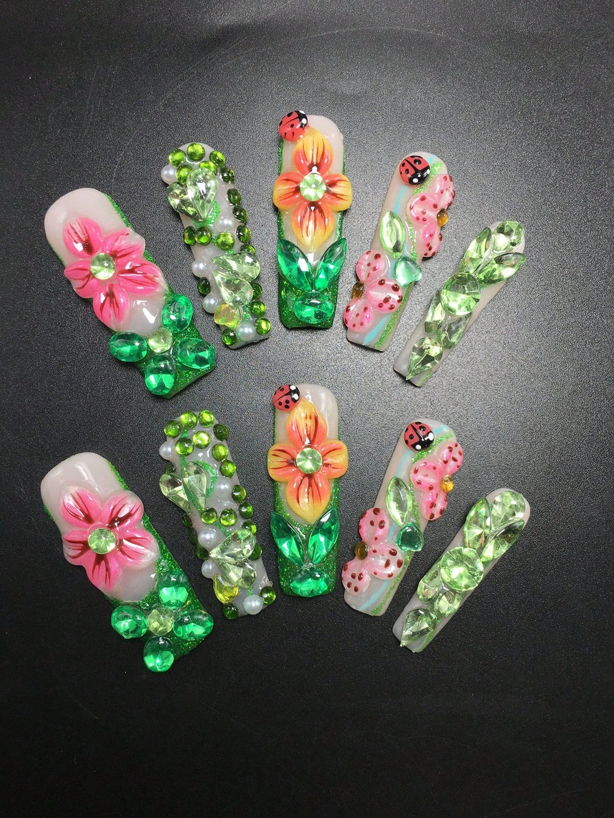 Garden Party extra long square press-on nails, full set of ten