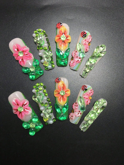 Garden Party extra long square press-on nails, full set of ten