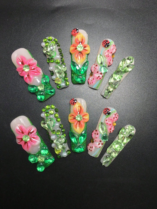 Garden Party extra long square press-on nails, full set of ten