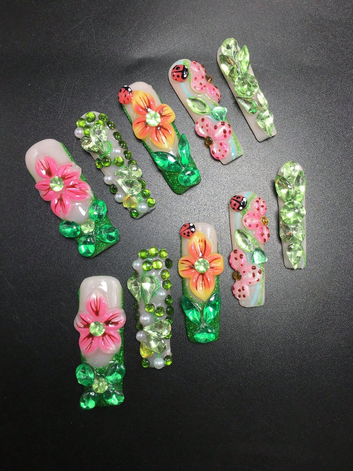 Garden Party press-on nails with emerald crystals