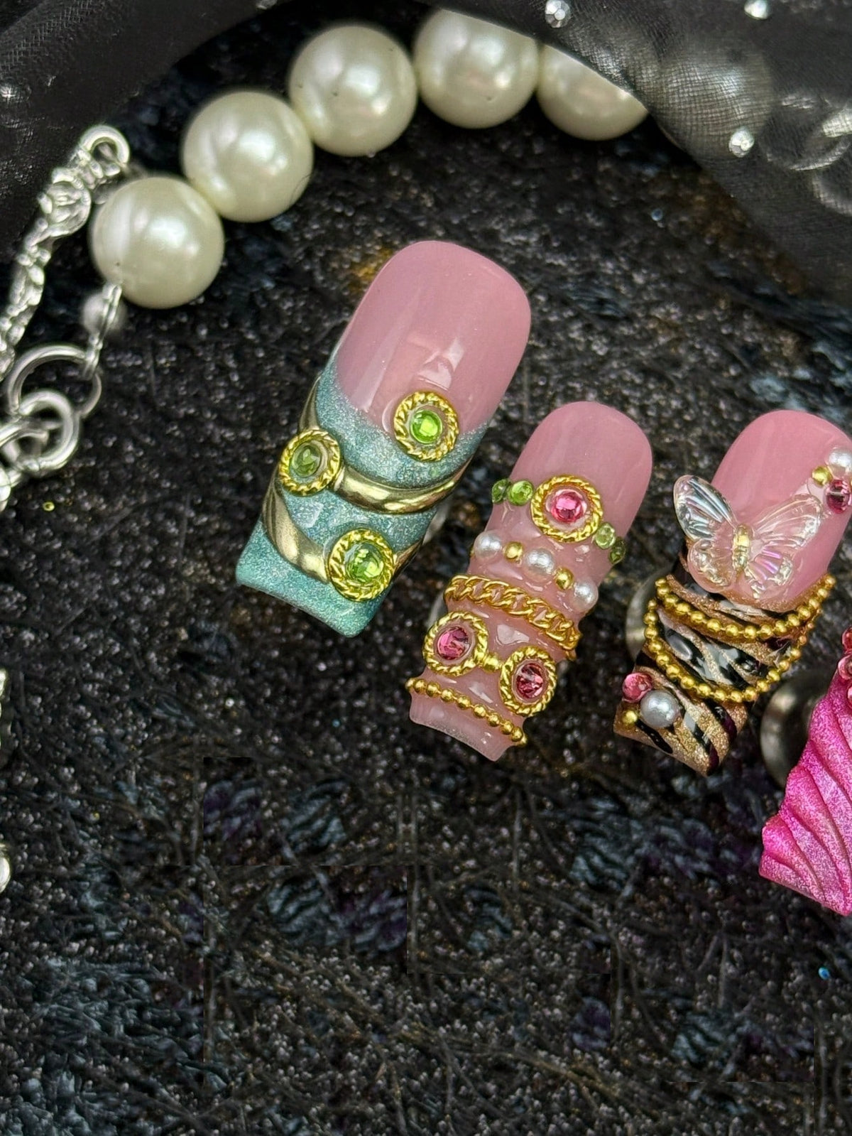 Boho gold chain and gemstone square press-on nails detail