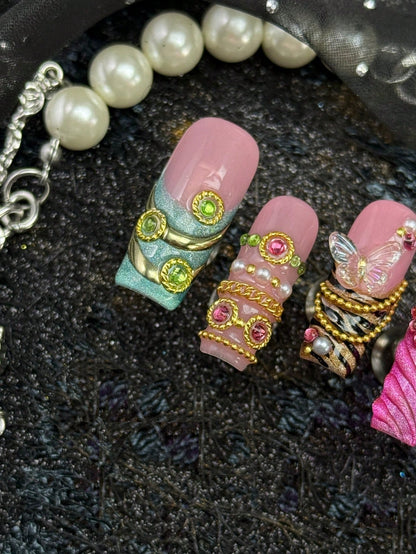 Boho gold chain and gemstone square press-on nails detail