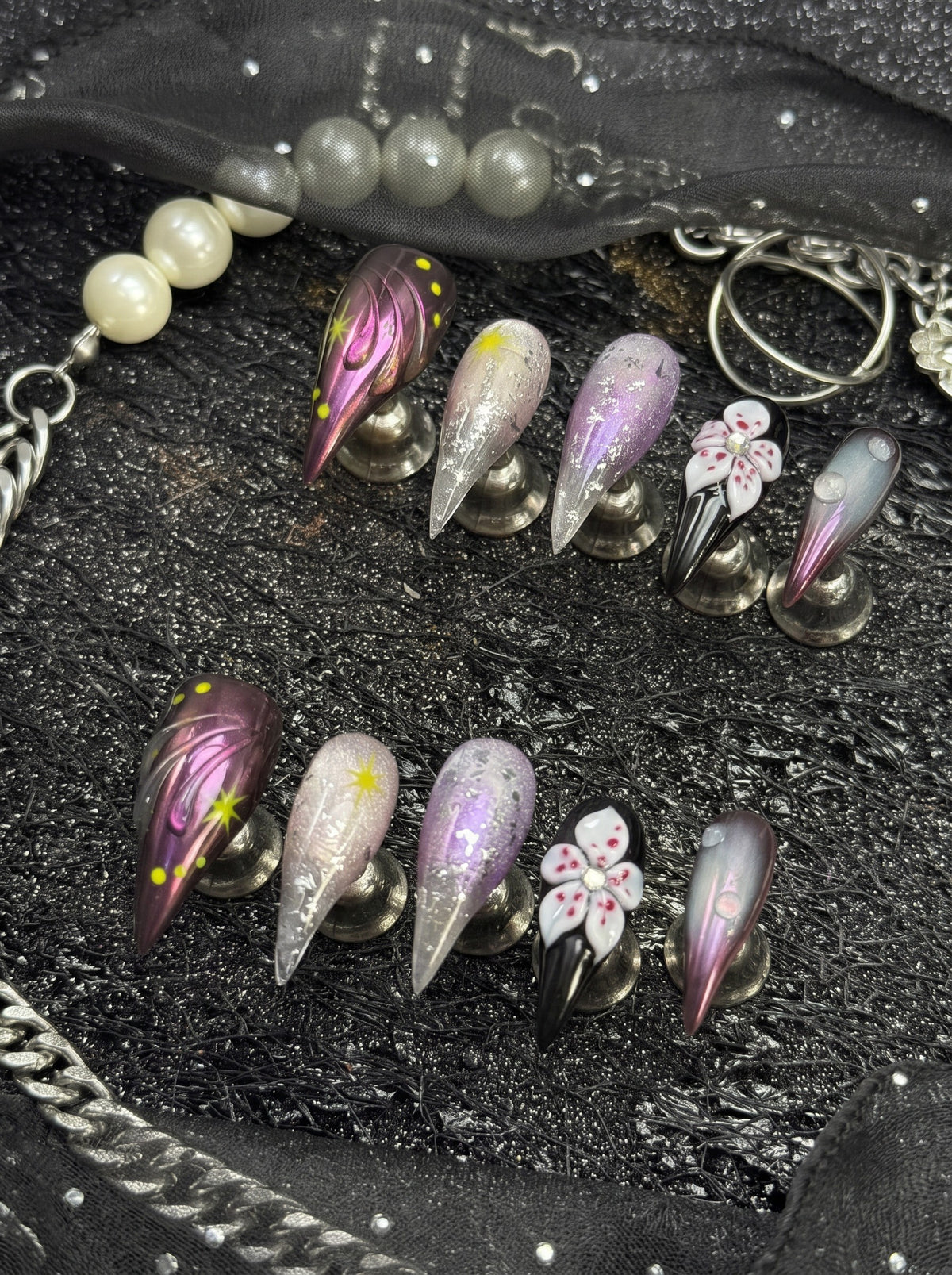 Plum chrome and silver foil long stiletto press-on nails with 3D orchid